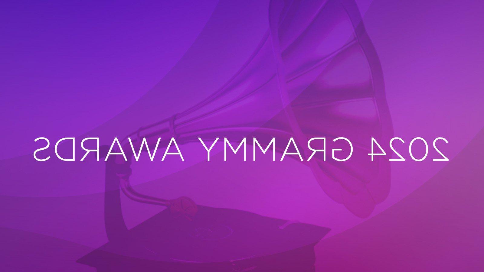 A graphic of a gramophone on a purple background. The words 2024 Grammy 奖 are overlaid in white.